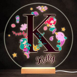 Sealife With Mermaids Alphabet Letter K Round Personalised Gift Lamp Night Light | Personalised Gift | Bedroom Lamp | Personalised Light