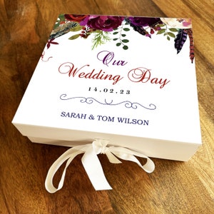 Watercolour Purple Red Personalised Square Wedding Day Gift Memory Box