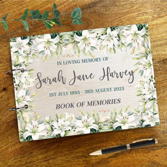 White Lily Floral Leaves Memorial in Loving Memory Photo Album