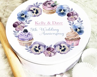 Round Frame Cupcakes Pansies Anniversary Personalised Treat Tin