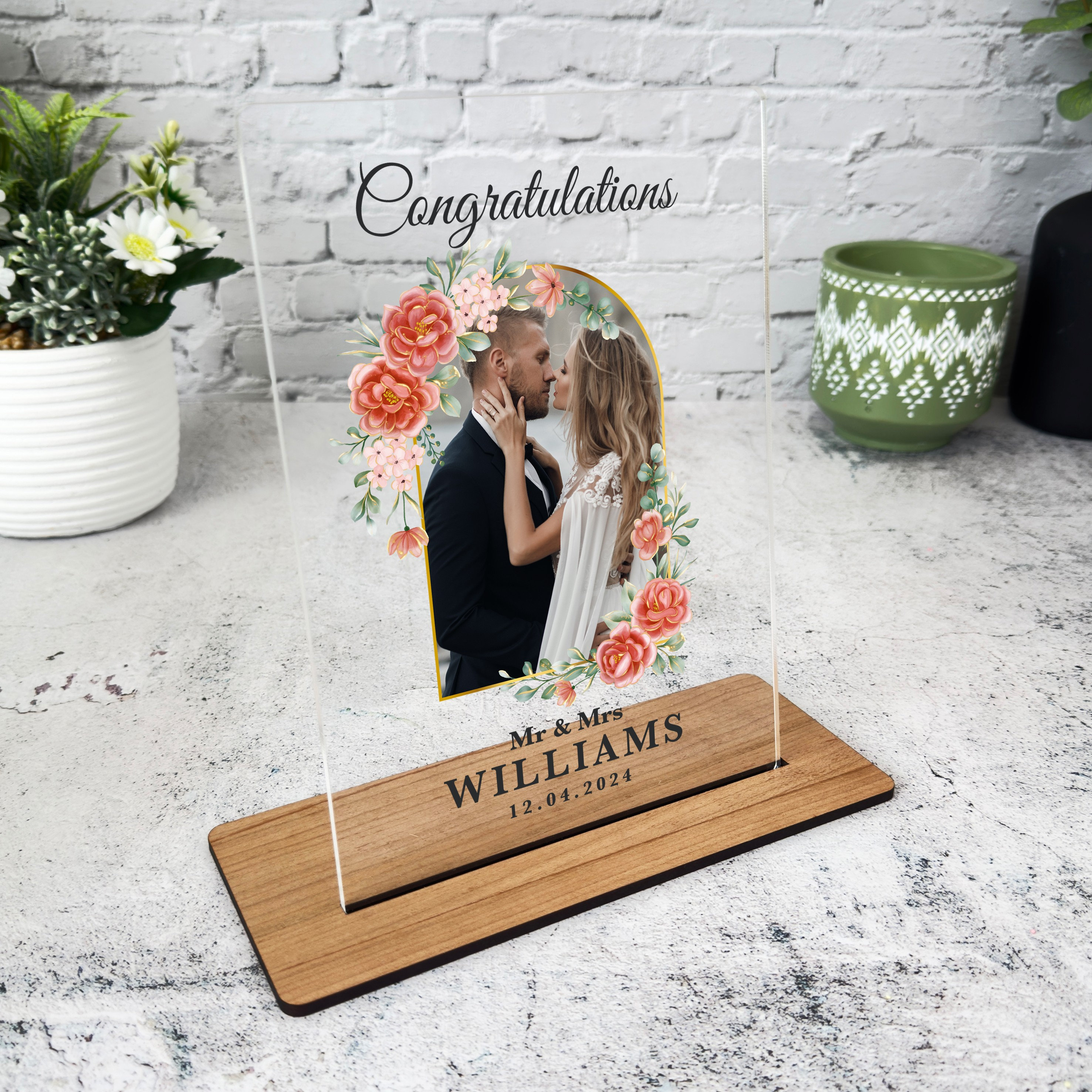 Red Floral Photo Wedding Day Gift Personalised Acrylic Plaque - Personalised Gift, Custom Gift