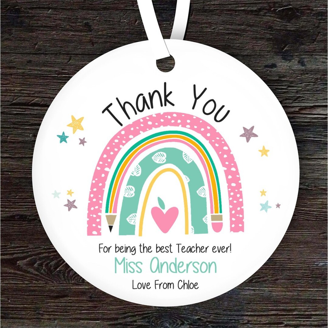 Thank You Teacher Pastel Rainbow Stars Round Personalised Gift Hanging ...