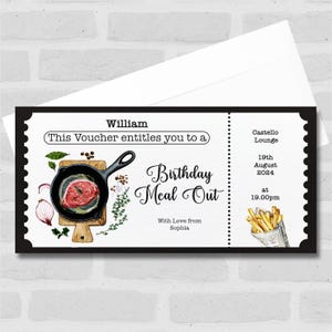 Vale regalo sorpresa personalizado con forma de filete de acuarela para cumpleaños - Cupón, revelación sorpresa, vale, billete, tarjeta