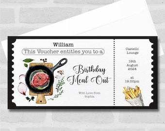 Watercolour Steak Birthday Meal Out Personalised Surprise Ticket Gift Voucher- Coupon, Surprise Reveal, Voucher, Ticket, Card