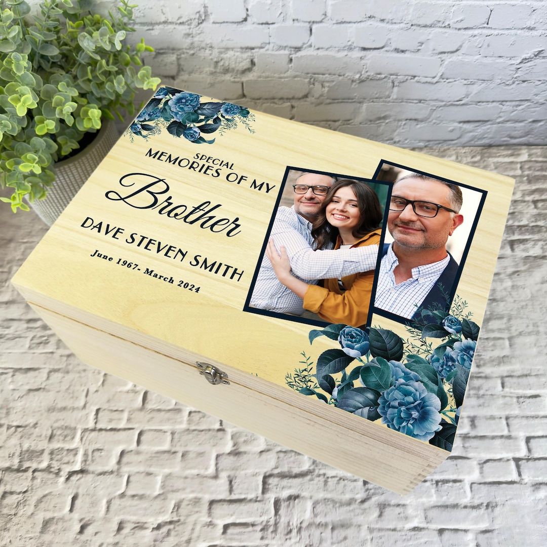 Memory Collection Boxes Memories of Brother Blue Floral Photos Memorial Personalised Wooden ...