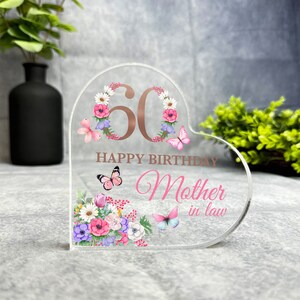Mother-In-Law 60th Pink Purple Happy Birthday Present Heart Plaque Keepsake Gift - Gift, Custom Present, Trinket, Ornament, Acrylic Plaque