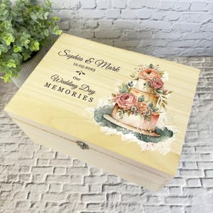 Acuarela Floral Pastel de Boda Día de la Boda Caja de Recuerdos de Madera Personalizada - Caja de Almacenamiento de Memoria - Cajas de Recuerdos de Madera de Boda