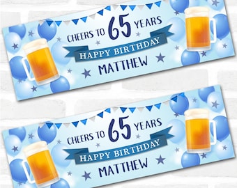 Personalised Party Banner For 65th Birthday Male Beer Blue Balloons | Party Decoration, Event Banner. 3x1ft | 4.5x1.5ft | 6x2ft