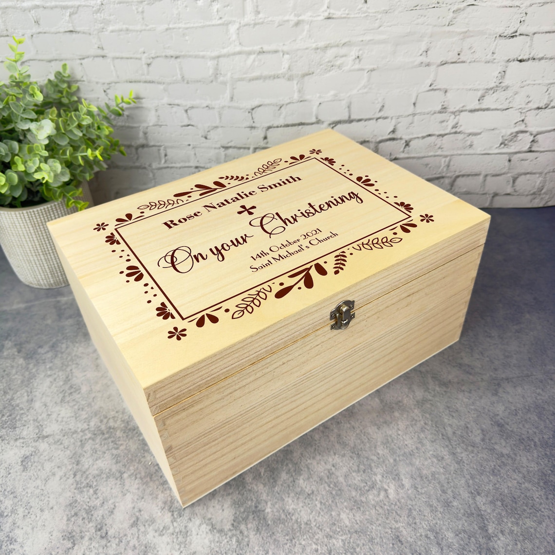 Dark Brown Floral Frame Christening Personalised Wooden Memory Keepsake ...