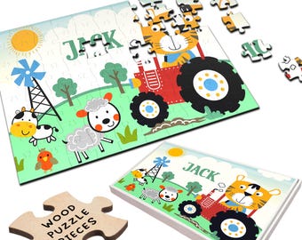 Tractor Tiger Farm Children's Kids Gift Custom Personalised Wooden Jigsaw Puzzle | Personalized Gift, Custom Puzzle, Quality Wood, Fun Gift