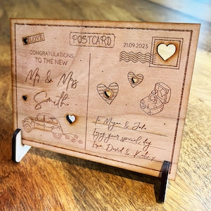 Día de la boda Nuevo Sr. y Sra. Car Ring Doodle Tarjeta personalizada Regalo de postal de madera