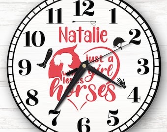 Reloj personalizado para dormitorio infantil con diseño de niña que ama los caballos, reloj para niños, dormitorio infantil, reloj personalizado, reloj de pared para niños