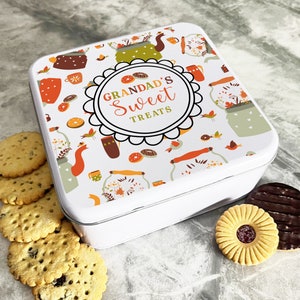 Granddad&#39;s Treats Retro Tea & Cake Icons Personalised Gift Baking Cake Tin