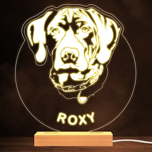 Op de afbeelding: Een geel verlicht nachtlampje met het gezicht van een hond en de naam "ROXY" eronder. Het lampje staat op een houten voet.