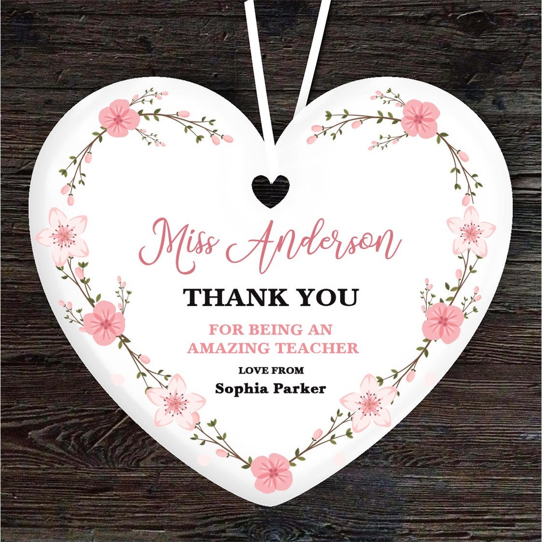 Thank You Teacher Pink Heart Wreath Heart Personalised Gift Hanging ...