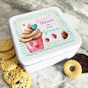 Personalised Square Biscuit Baking Sweets Cake Strawberries Gran Treat Tin