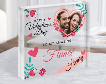 Bloc acrylique carré transparent avec coeur floral rose, cadeau Saint-Valentin pour fiancé - Cadeau personnalisé, cadeau souvenir, cadeau personnalisé