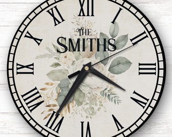 Retro Vintage Floral Sage Green Family Name Personalised Gift Personalised Clock