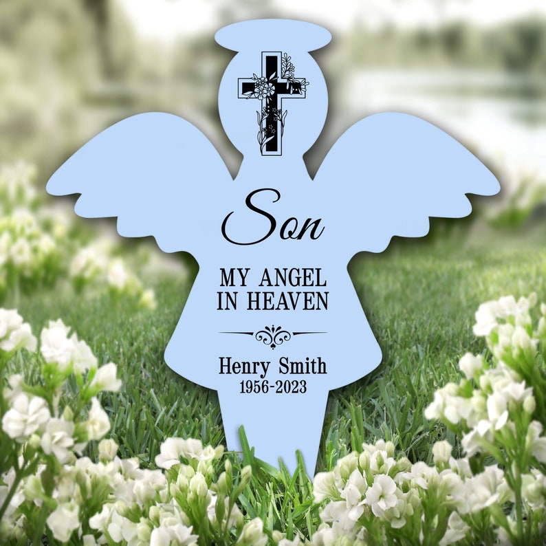 Angel Blue Son Black Cross Remembrance Garden Plaque Grave Marker Memorial Stake image 1