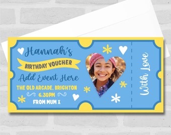 Blauwe verjaardagsvoucher foto Elk cadeau Gepersonaliseerd verrassingskaartje Cadeaubon - coupon, verrassingsonthulling, waardebon, ticket, kaart