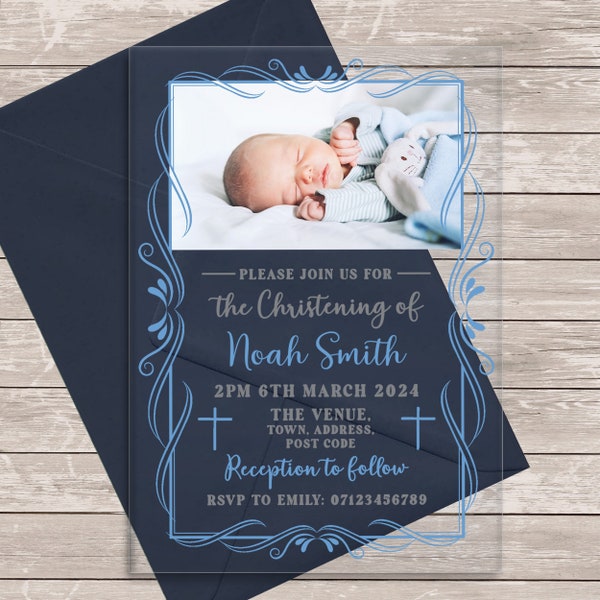 Photo Deco Frame Blue Acrylic Clear Transparent Luxury Christening Invitations