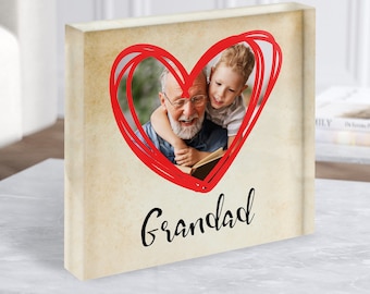 Bloque acrílico Regalo personalizado de Grandad Square con foto de corazón de garabato vintage: regalo personalizado, regalo de recuerdo, regalo personalizado