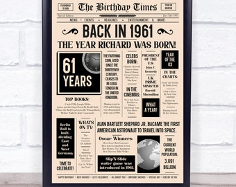 1961 Newspaper Any Age Any Year You Were Born Birthday Facts Personalised Gift Print