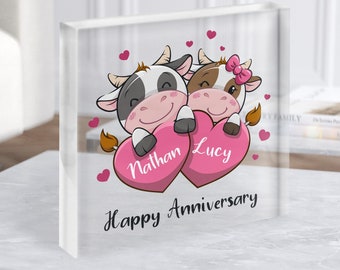 Lindo regalo de aniversario de pareja de vacas Bloque acrílico cuadrado transparente personalizado - Regalo personalizado, Regalo de recuerdo, Regalo personalizado