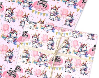 パーソナライズされたラッピングペーパー 子供の誕生日 ピンクユニコーン 女の子用 カスタムギフトラップ | シートまたはロール | カスタマイズされたパーソナライズされたラッピングペーパー