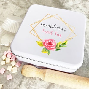 Personalised Square Grandma&#39;s Treat Gold Pink Biscuit Cake Tin
