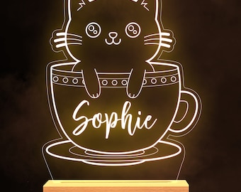 Cat Teacup Cute Cat Lover Name Kitten Personalised Gift Lamp Night Light