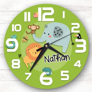 Green Safari Animals Children's Personalised Gift For Kid's Bedroom Clock | Kids Clock, Children's Bedroom , Custom Clock, Kids Wall Clock