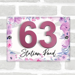 Purple Wash Flowers 3D Acrylic House Address Sign Door Number Plaque