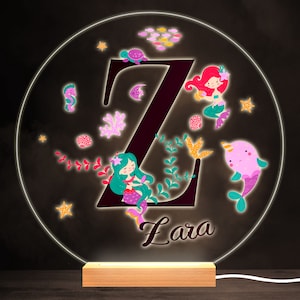 Sealife With Mermaids Alphabet Letter Z Round Personalised Gift Lamp Night Light | Personalised Gift | Bedroom Lamp | Personalised Light