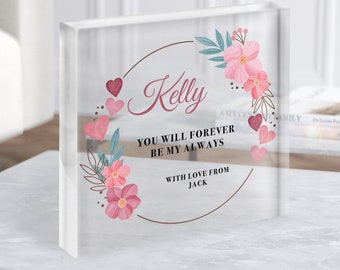 Bloque acrílico cuadrado transparente personalizado con corona de corazones florales, regalo romántico, regalo personalizado, regalo de recuerdo, regalo personalizado