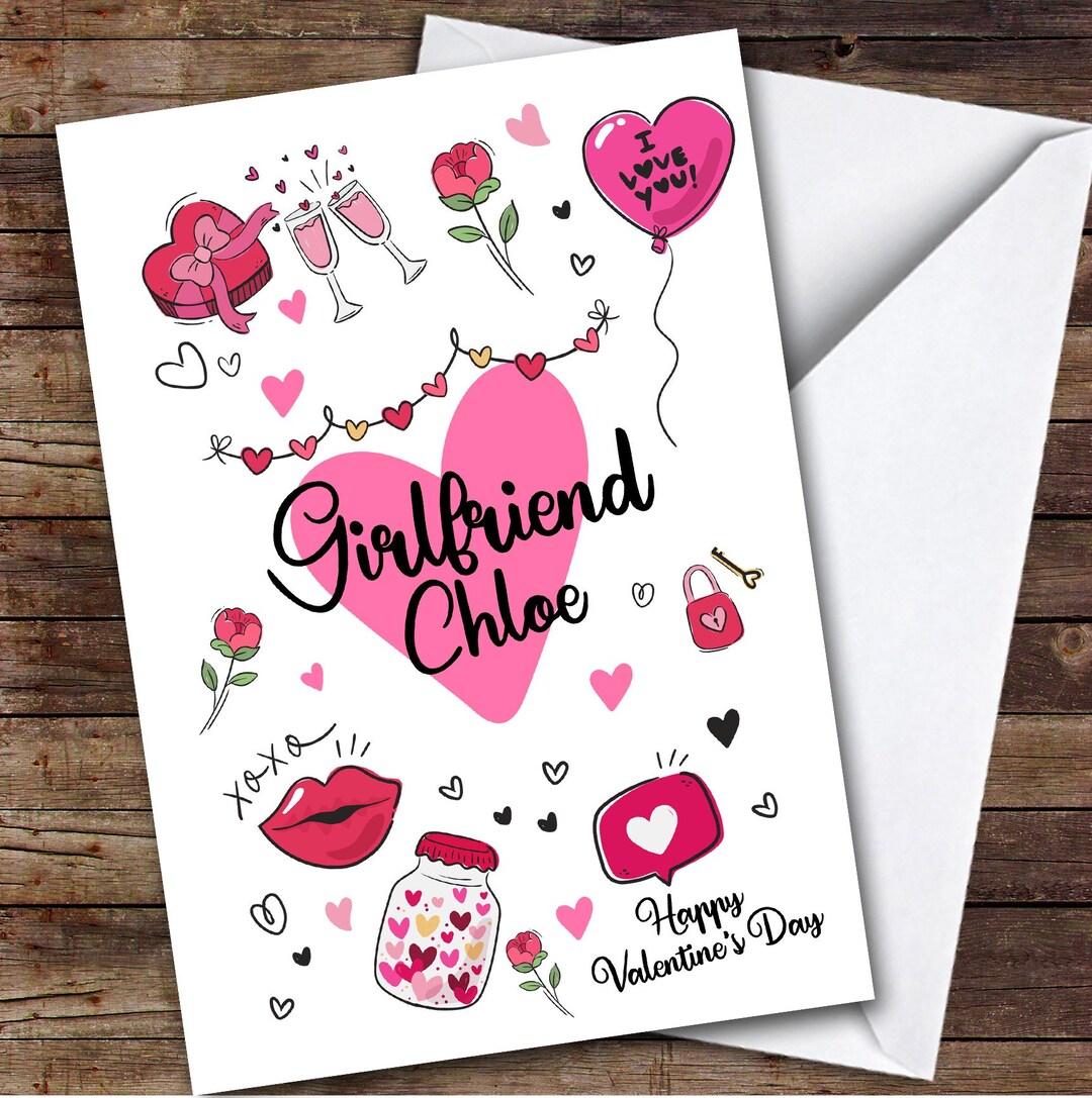 Personalised Valentine's Card for Girlfriend Pink Love Doodles Card ...