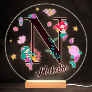 Sealife With Mermaids Alphabet Letter N Round Personalised Gift Lamp Night Light | Personalised Gift | Bedroom Lamp | Personalised Light