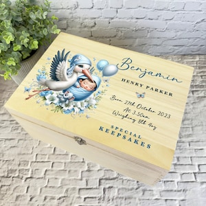 Blue Boy Floral Balloons Stork New Baby Caja de recuerdos de memoria de madera personalizada - Caja de almacenamiento de memoria - Nuevas cajas de recuerdos de madera para bebés