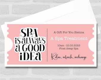 Może przedstawiać: Różowy i biały bon podarunkowy z tekstem "SPA is always a GOOD idea" w kolorze czarnym. Bon jest na zabieg spa w Float Away Spa 12 marca 2023 o godzinie 10:00. Zawiera również tekst "Relax, refresh, recharge".