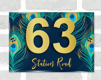 Peacock Feathers Blue Green Navy 3D Modern Acrylic Door Number House Sign