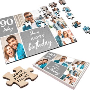 Grey Photo Collage 90th Gift For Birthday Him Her Personalised Wooden Jigsaw Puzzle | Personalized Gift, Custom Puzzle, Quality Wood, Gift
