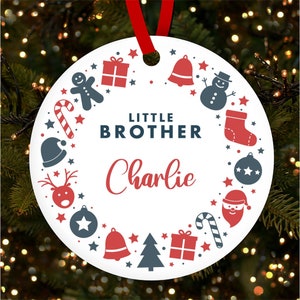 Little Brother Blue Red Festive Personalised Christmas Tree Ornament Decoration