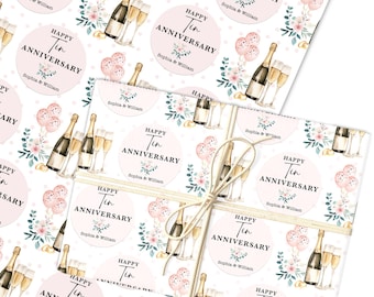 Personalised Wrapping Paper 10th Tin Wedding Anniversary Champagne Glasses, Custom Gift Wrap, Sheets or Rolls, Customised Wrapping Paper