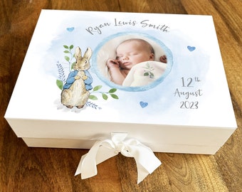 Nouveau Baby Shower Boy Birth Blue Photo Peter Rabbit Keepsake Memory Gift Box