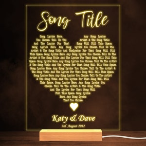 Script Heart Any Song Lyrics Personalised Music Gift Warm LED Lamp Night Light | Personalised Gift | Song Lyric Lamp | Wedding Song