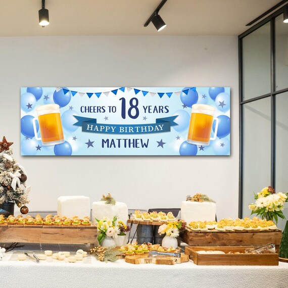 2 Striscioni Personalizzati Per Compleanno Adulti Con Foto E Birra – Tema Grande Formato Blu, Carta Semplice (0,6 X 1,8 M) - 2