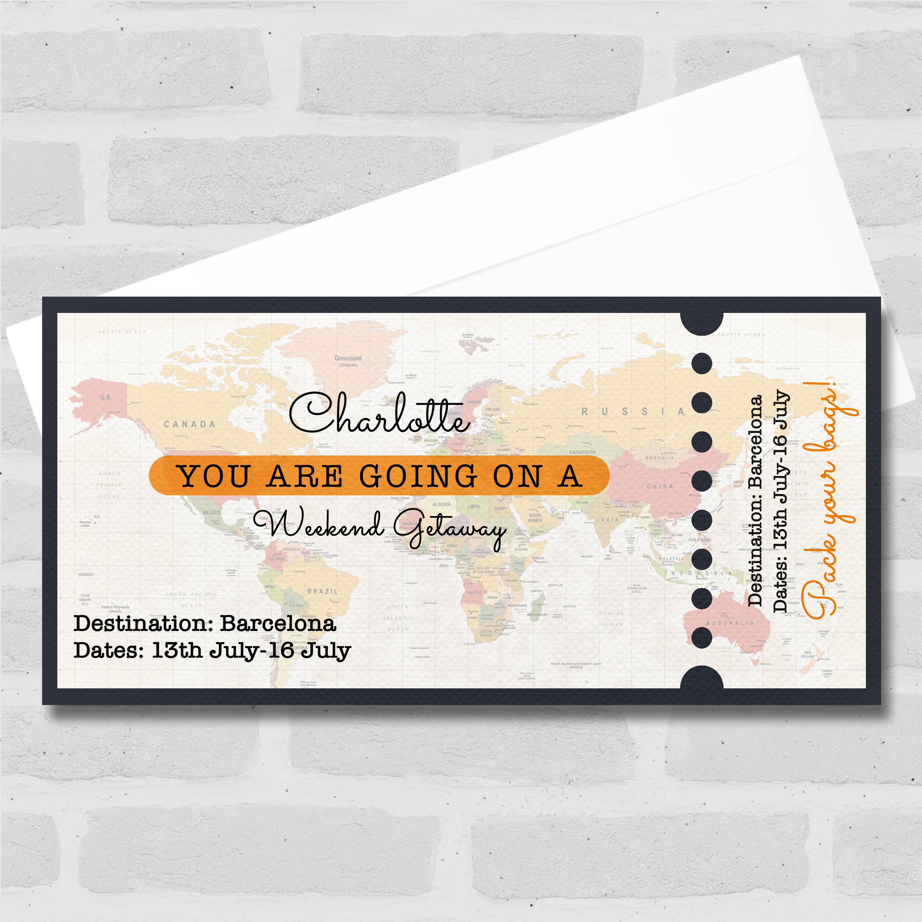 City Break Going On A Weekend Getaway Personalised Surprise Ticket Gift Voucher- Coupon, Surprise Reveal, Voucher, Ticket, Card