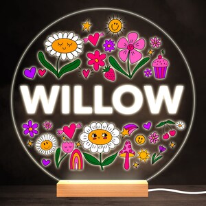 Cute Doodle Happy Flowers Colourful Round Personalised Gift LED Lamp Night Light | Personalised Gift | Bedroom Lamp | Personalised Light