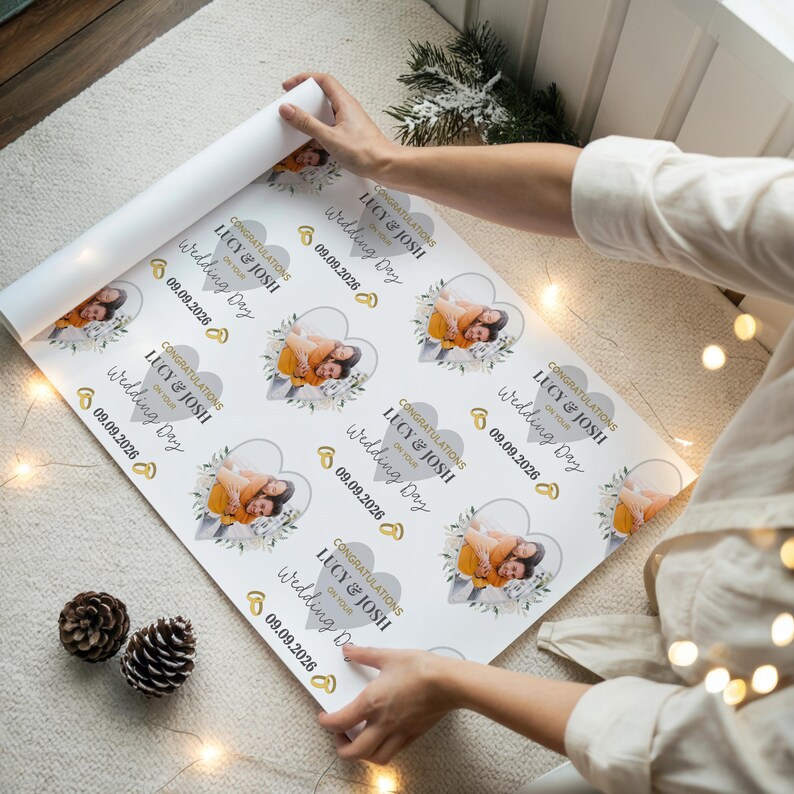Personalised Wrapping Paper Wedding Day Photo White Flowers Heart Gift ...