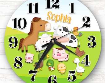 Animales de granja, lindos regalos personalizados para niños, reloj para dormitorio infantil, reloj para niños, dormitorio infantil, reloj personalizado, reloj de pared para niños